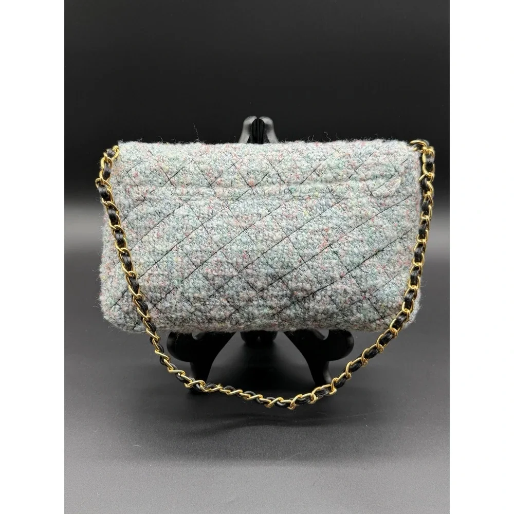 Vintage Diane Gilman Tweed Quilted Shoulder Bag Gold Chain Turn Lock Purse
